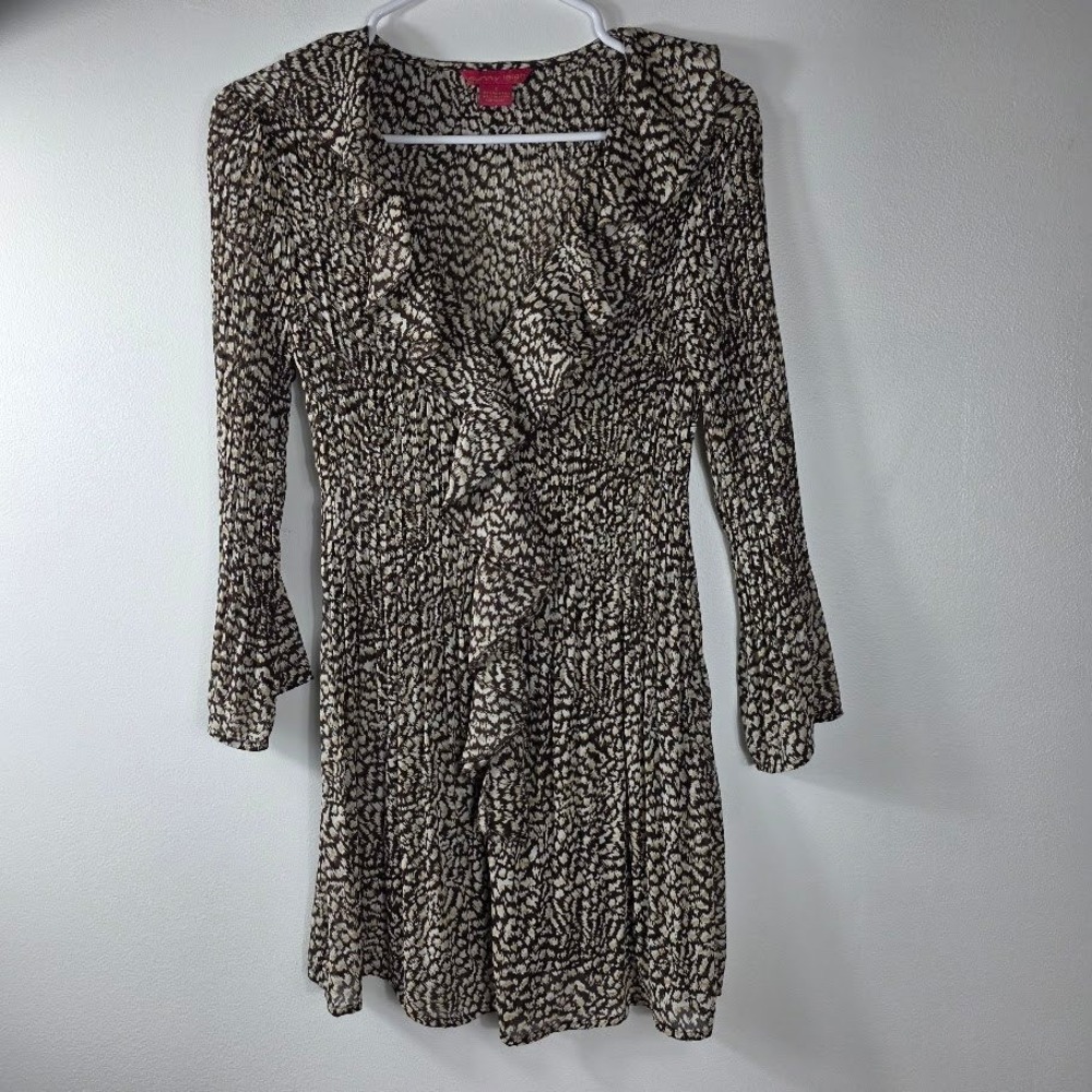 Sunny Leigh Sz S Women's Smocked Ruffle Dress Animal‎ Print Boho Ruffle